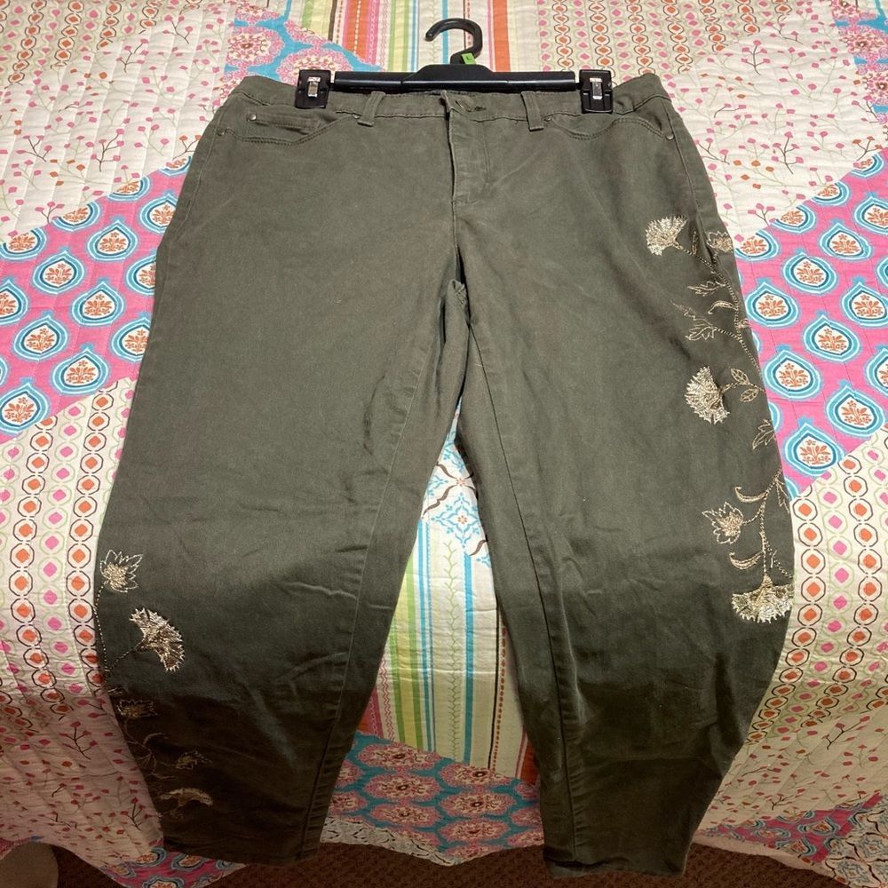Olive Green Skinny Jeans w/ Floral Accents